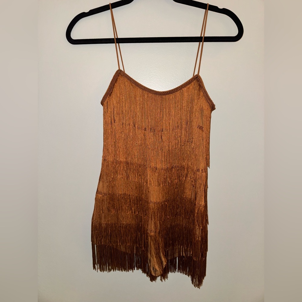AKIRA Copper Fringe Sleeveless Romper
